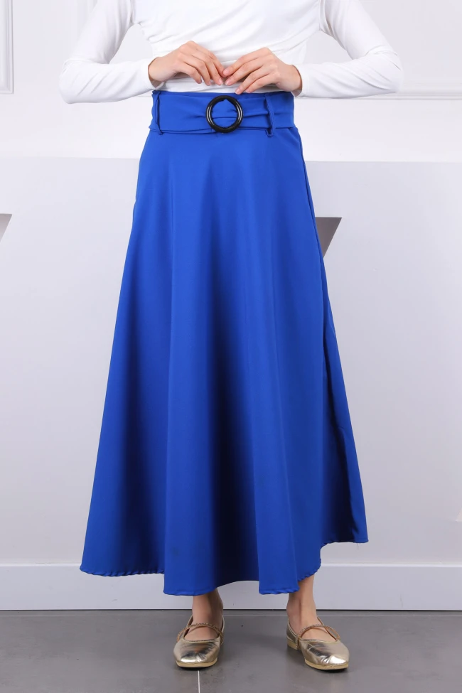 Saks Mavi Bel Kemerli Kloş Etek