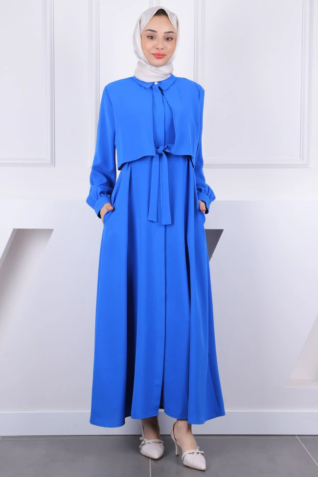 Saks Mavi Cepli Bel Kuşaklı Elbise