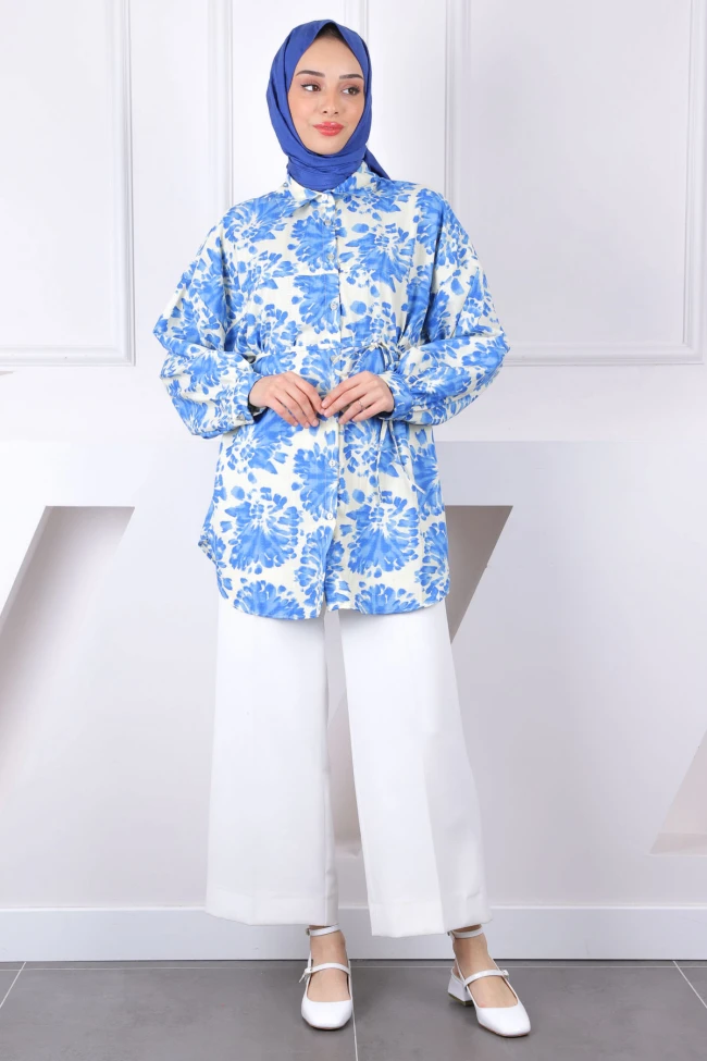 Saks Mavi Desenli Düğmeli Tunik