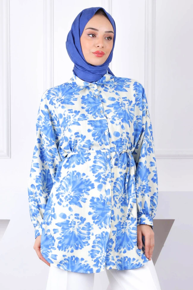 Saks Mavi Desenli Düğmeli Tunik