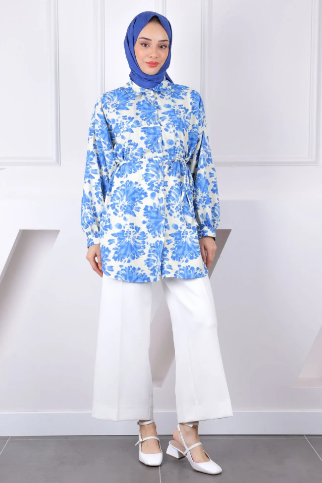 Saks Mavi Desenli Düğmeli Tunik
