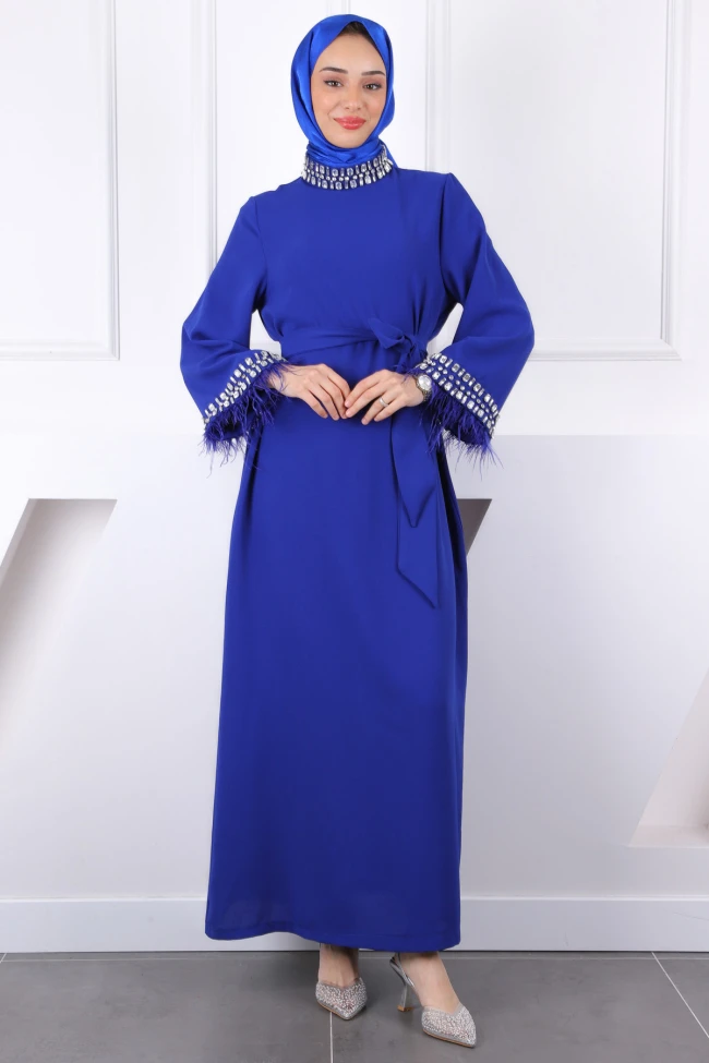 Saks Mavi Kol Ve Yaka Taşlı  Taşlı Kuşaklı Abiye