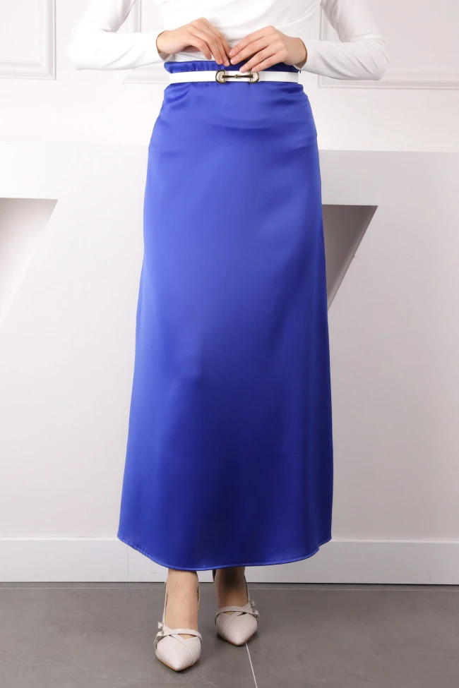 Saks Mavi Yan Fermuarlı Saten Kloş Etek