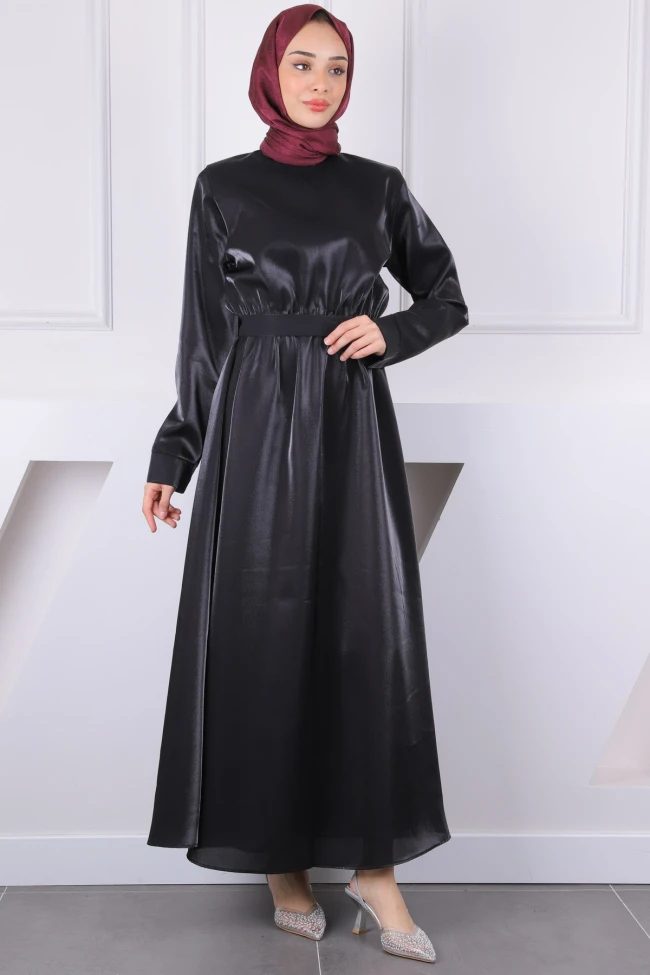 Siyah Bel Lastikli Saten Kuşaklı Abiye