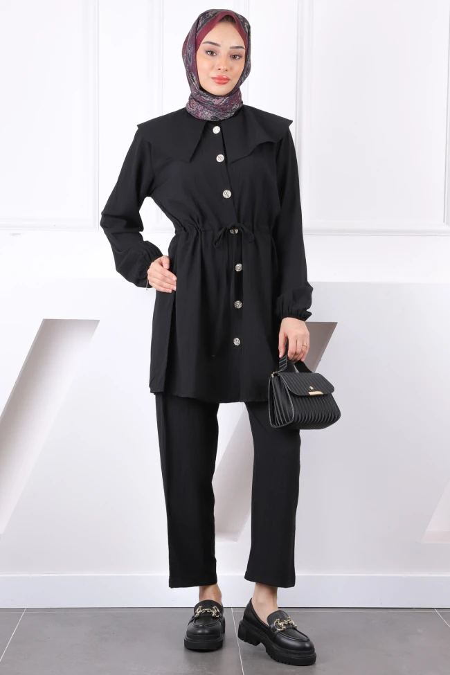 Siyah Beli Bağlamalı Tunik Pantolonlu Takım
