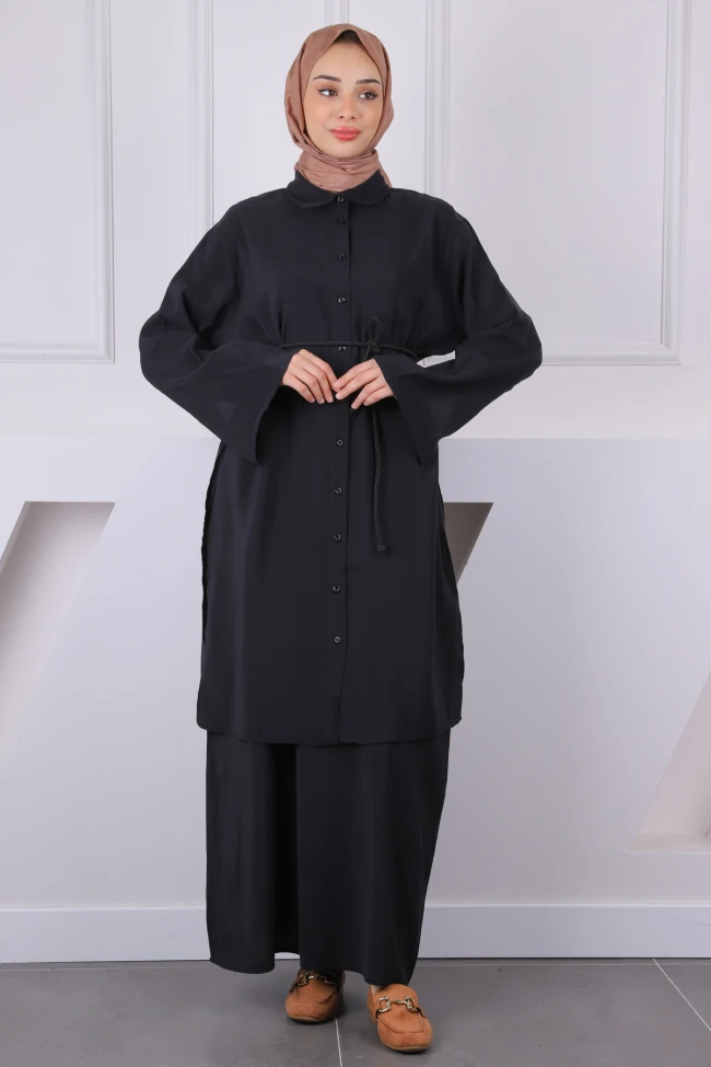 Siyah Beli İpli Tunik  Elbise Kombin Takım