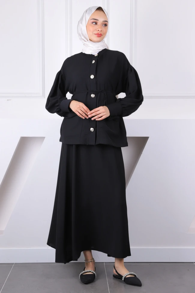 Siyah Kol Büzgülü Ceket Etekli Takım