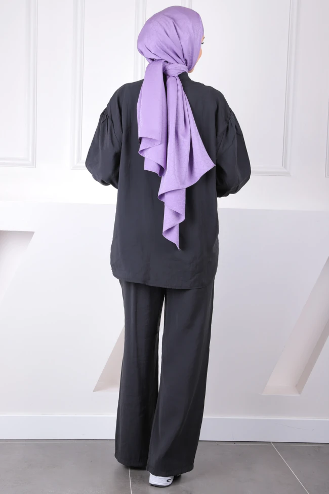 Siyah Ön Bağlamalı Kimono Pantolonlu Takım