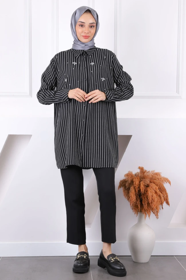 Siyah Önü Taşlı Çizgili Tunik