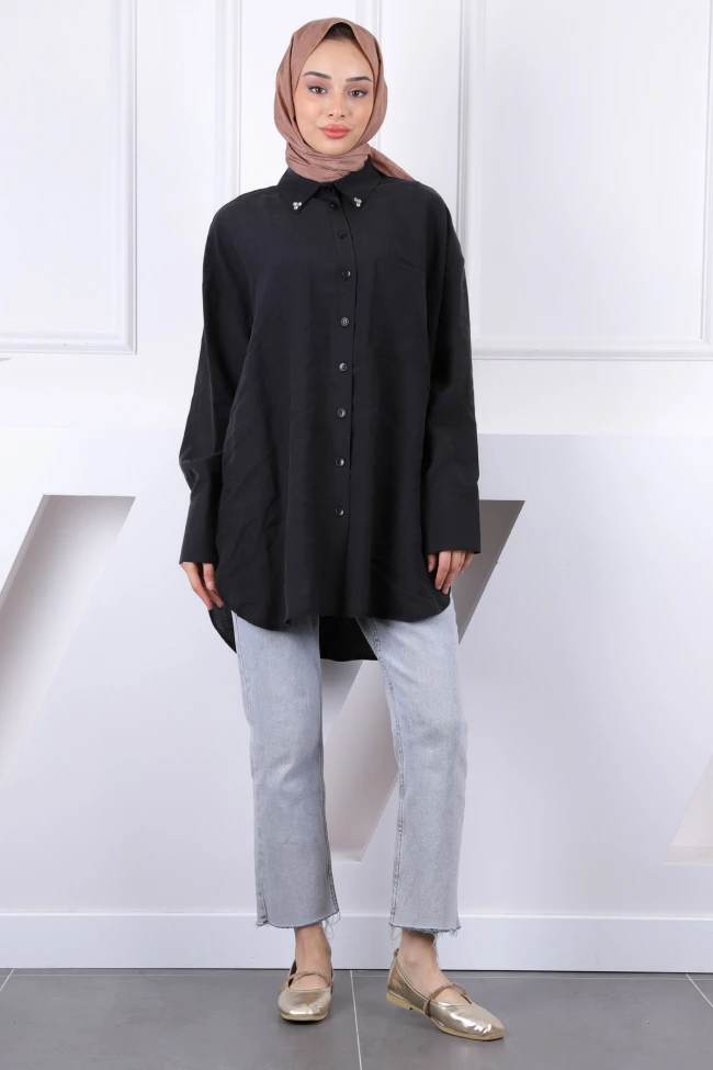 Siyah Yaka Taşlı Tel Cepli Oversize Gömlek