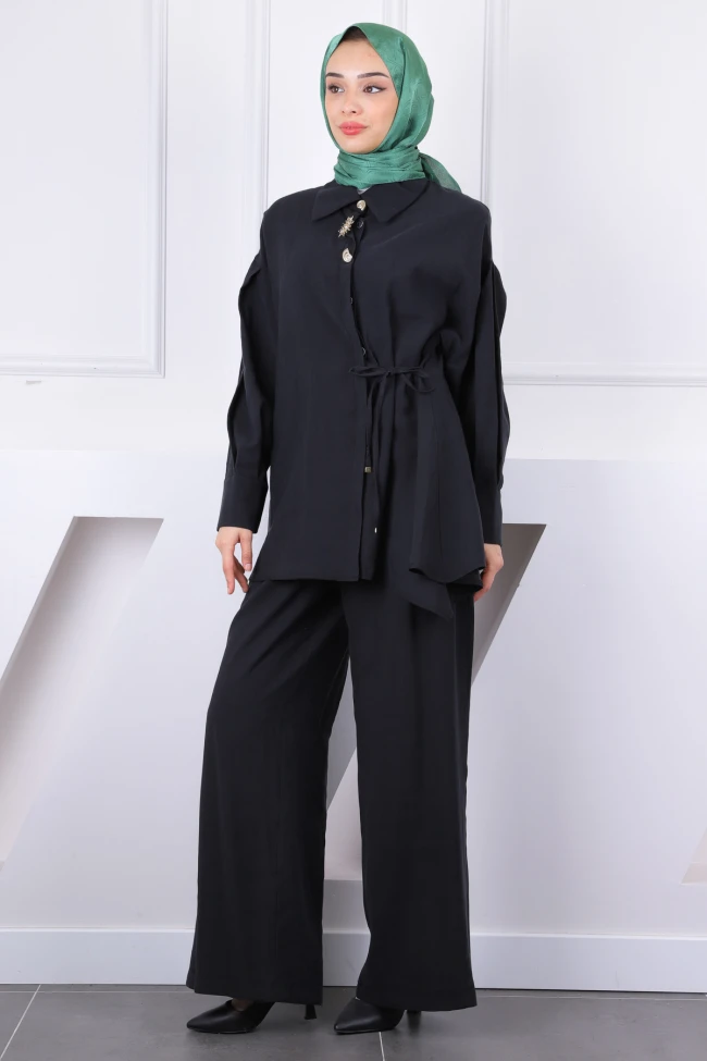 Siyah Yan Bağlamalı Tunik Pantolonlu Takım