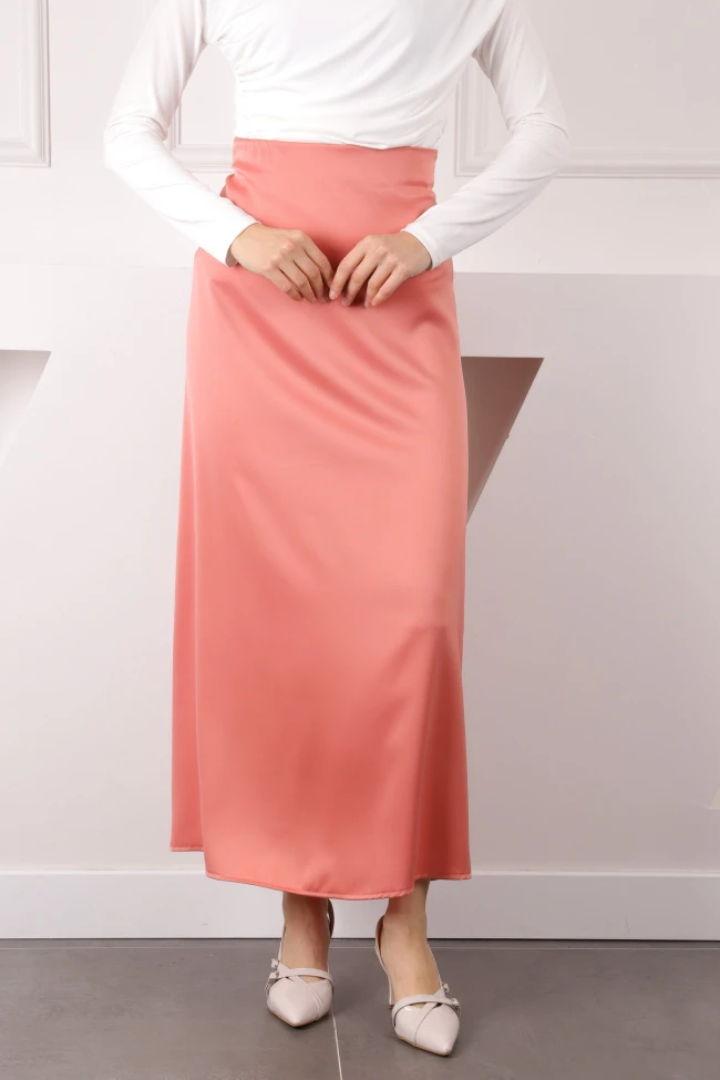 Somon Yan Fermuarlı Saten Kloş Etek