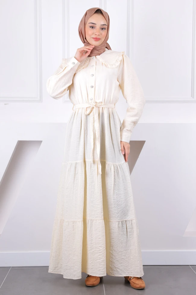 Taş Bebe Yaka Kuşaklı Gofralı Elbise