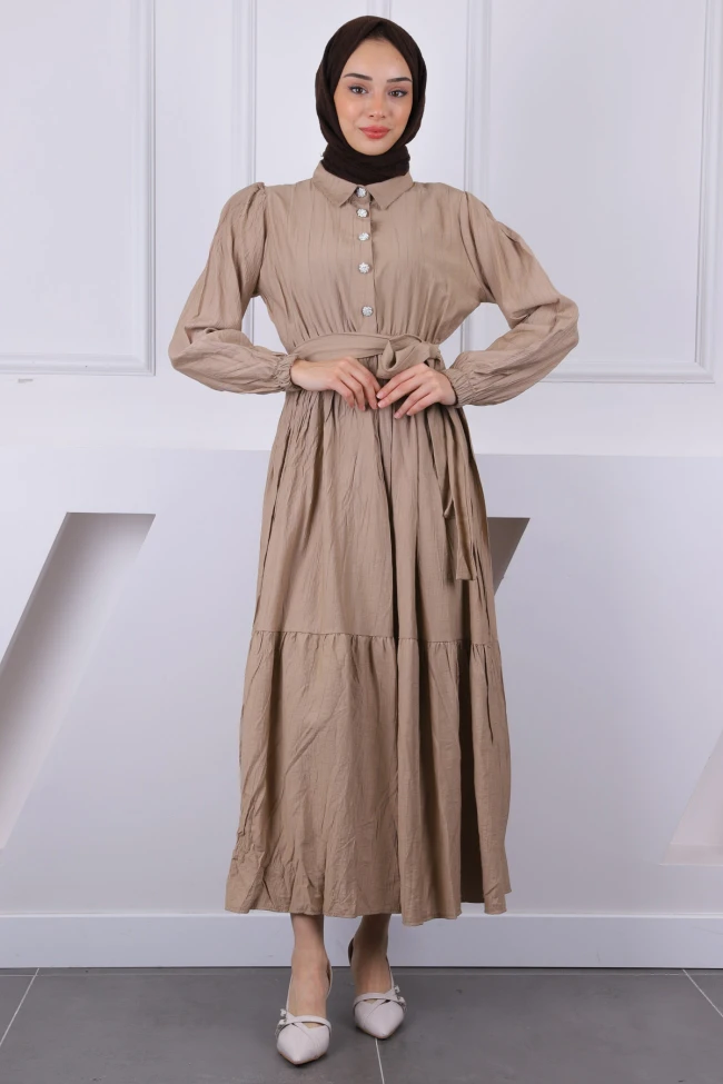 Vizon Bel Lastikli Kuşaklı Modal Elbise