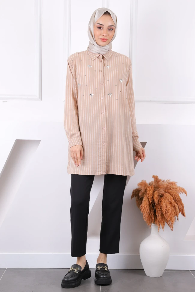 Vizon Önü Taşlı Çizgili Tunik