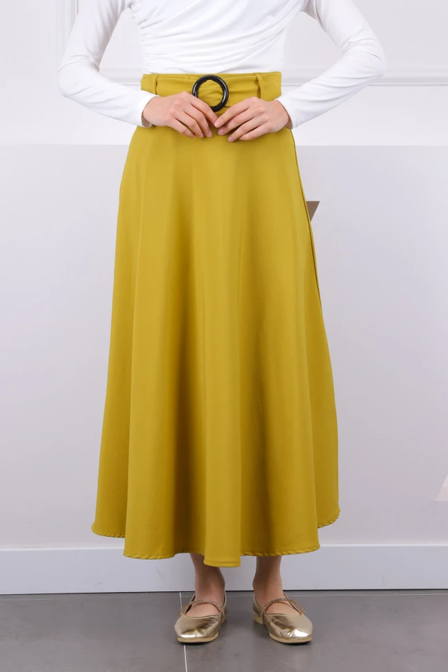 Yağ Yeşili Bel Kemerli Kloş Etek