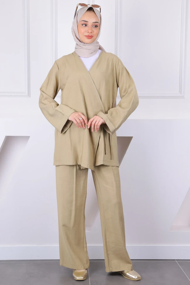 Yağ Yeşili Ön Bağlamalı Kimono Pantolonlu Takım