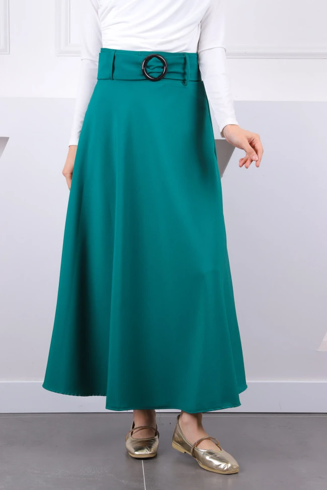 Zümrüt Yeşili Bel Kemerli Kloş Etek