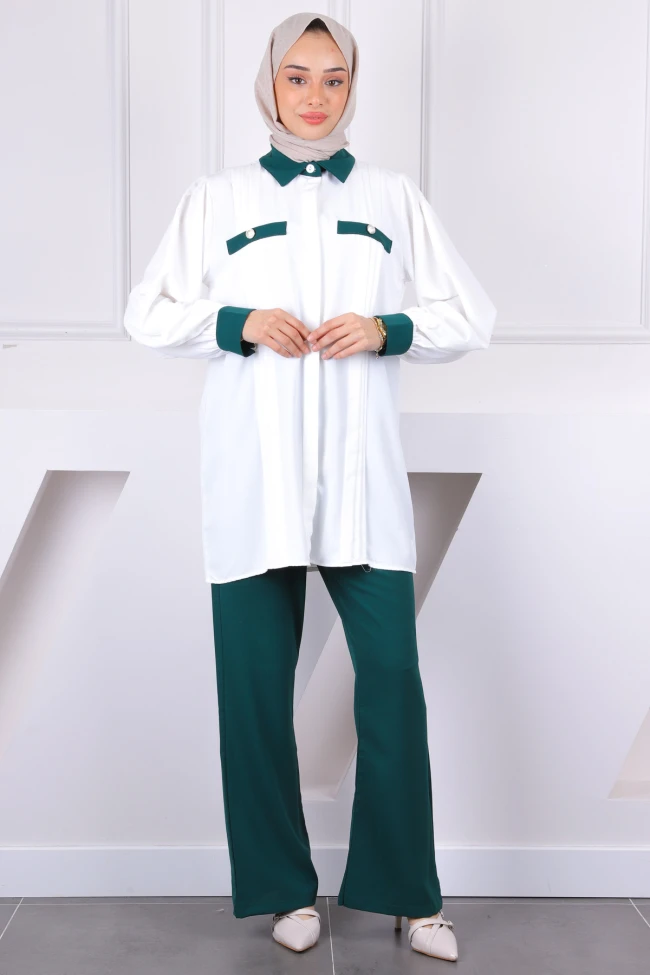 Zümrüt Yeşili Düğmeli Tunik Pantolonlu Takım