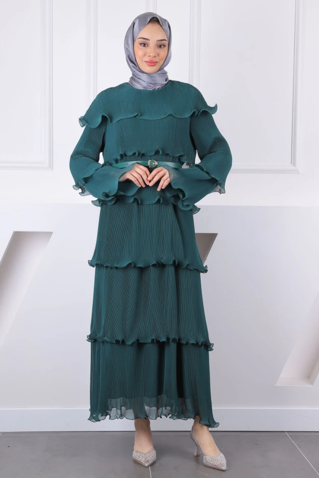 Zümrüt Yeşili Katlı Piliseli Kemerli Şifon Abiye