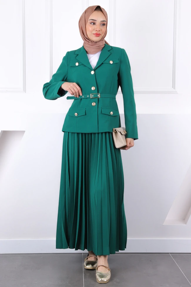 Zümrüt Yeşili Kemerli Ceket Etekli Krep Takım