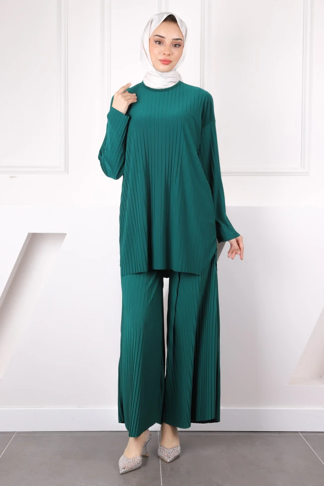 Zümrüt Yeşili Piliseli Sandy Tunik Pantolon Takım