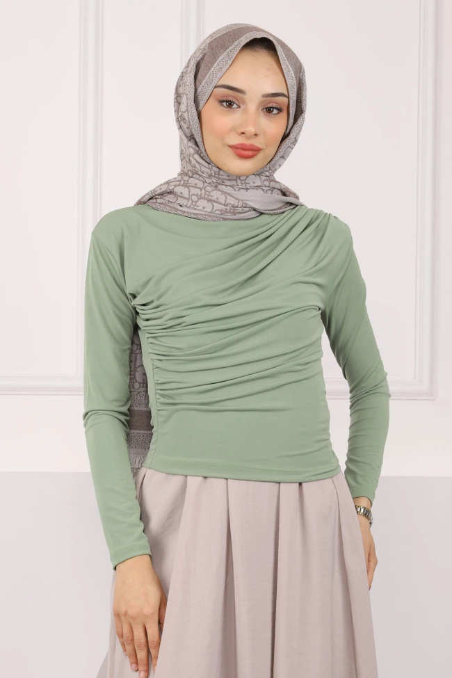 Açık Haki Balıkçı Yaka Drapeli Sandy Bluz