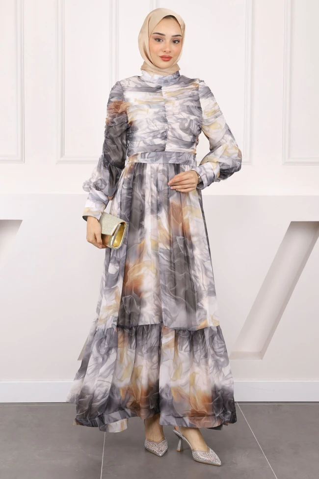 Antrasit Kolu Ve Önü Büzgülü Şifon Abiye