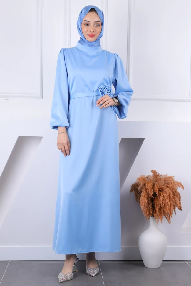 Bebe Mavi Gül Kemer Detaylı Balon Kol Saten Abiye