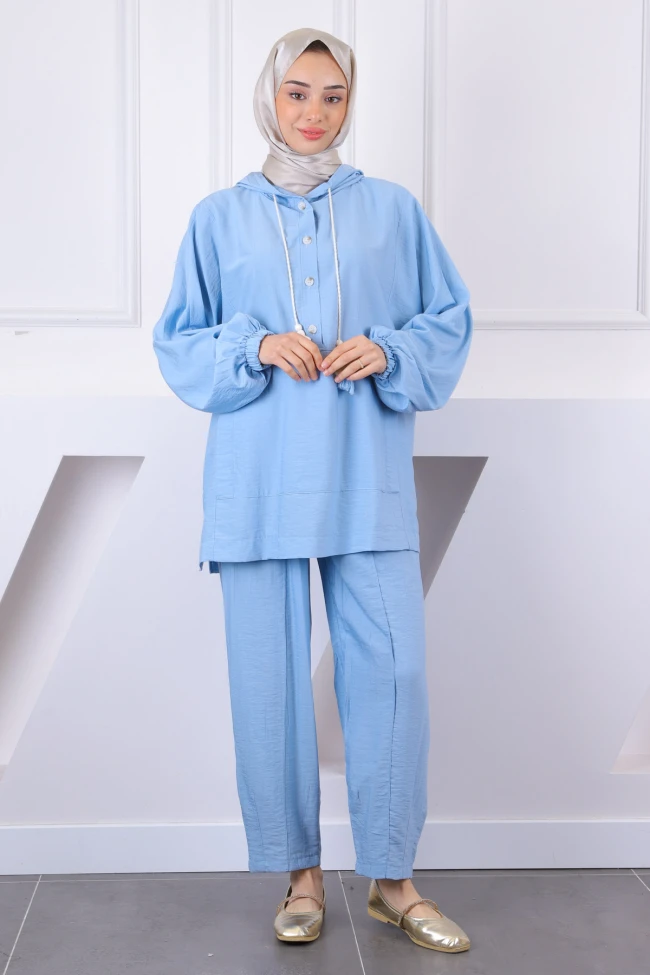 Bebe Mavi Kapşonlu Cepli Tunik Pantolonlu Takım