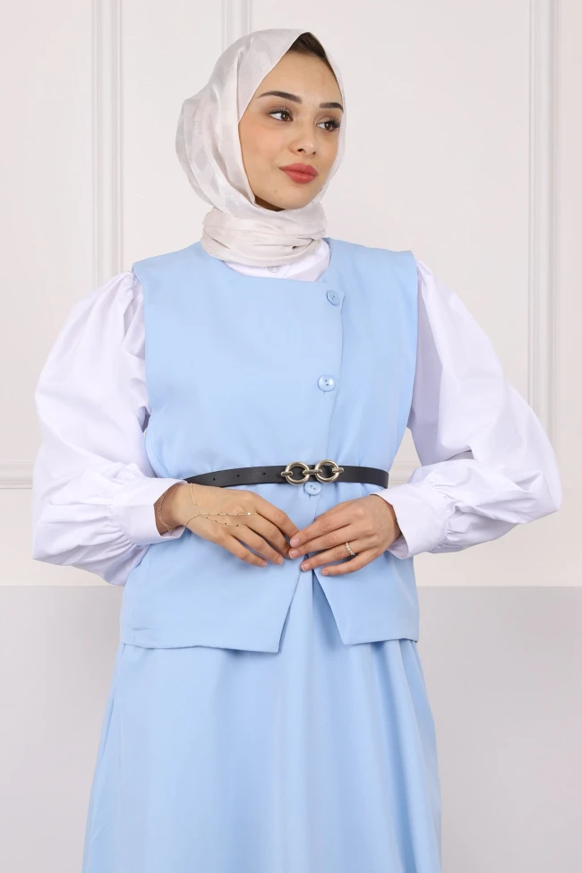 Bebe Mavi Kemerli Krep Yelek Etekli Takım