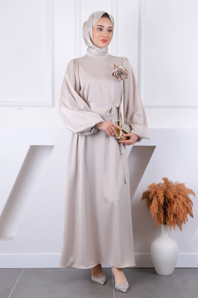 Bej Balon Kol Taşlı Saten Abiye