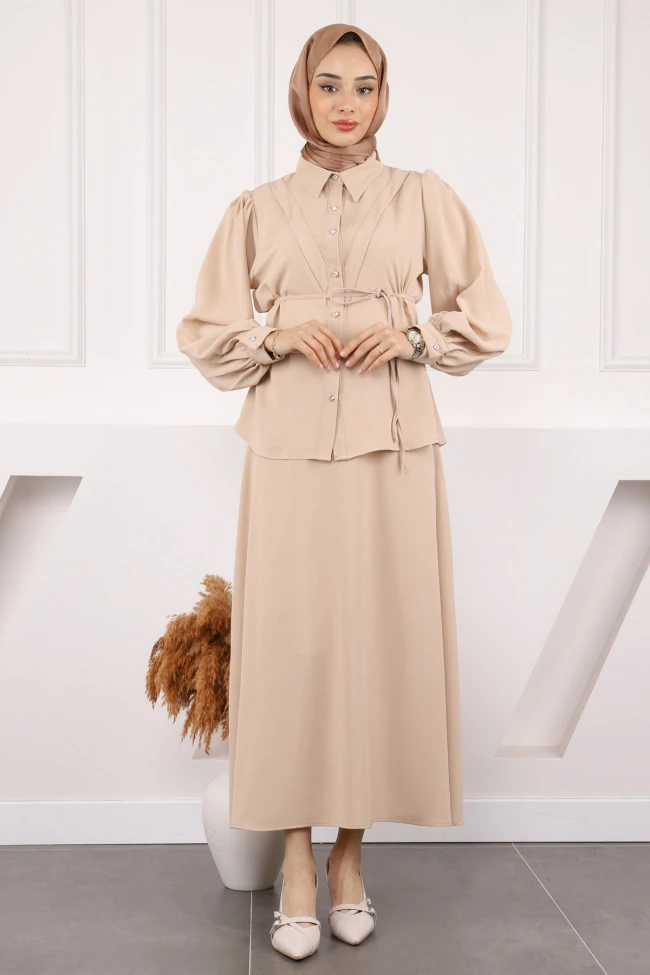 Bej Bel Kuşaklı Gömlek Etekli Takım