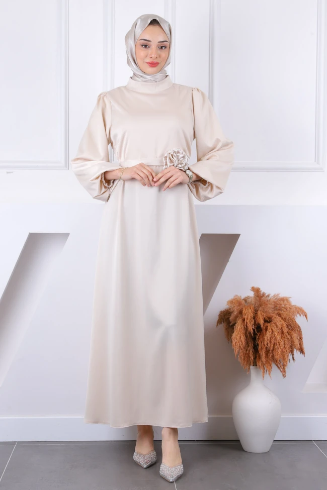 Bej Gül Kemer Detaylı Balon Kol Saten Abiye