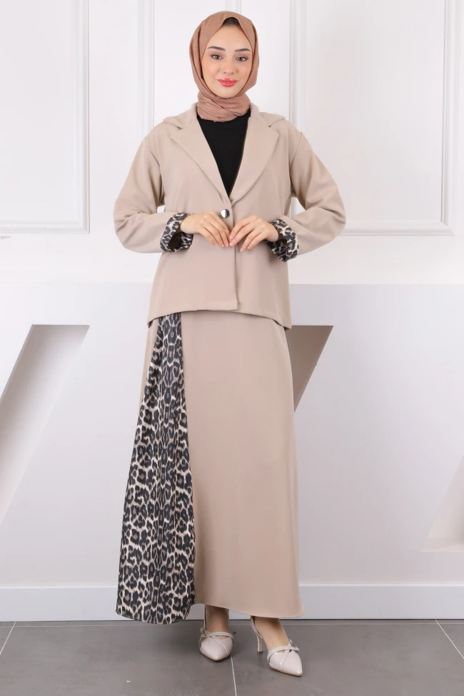 Bej Leopar Desenli Tunik Etekli Takım