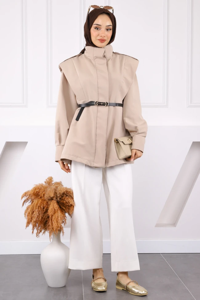 Bej Omuz Apoletli Kemerli Trençkot