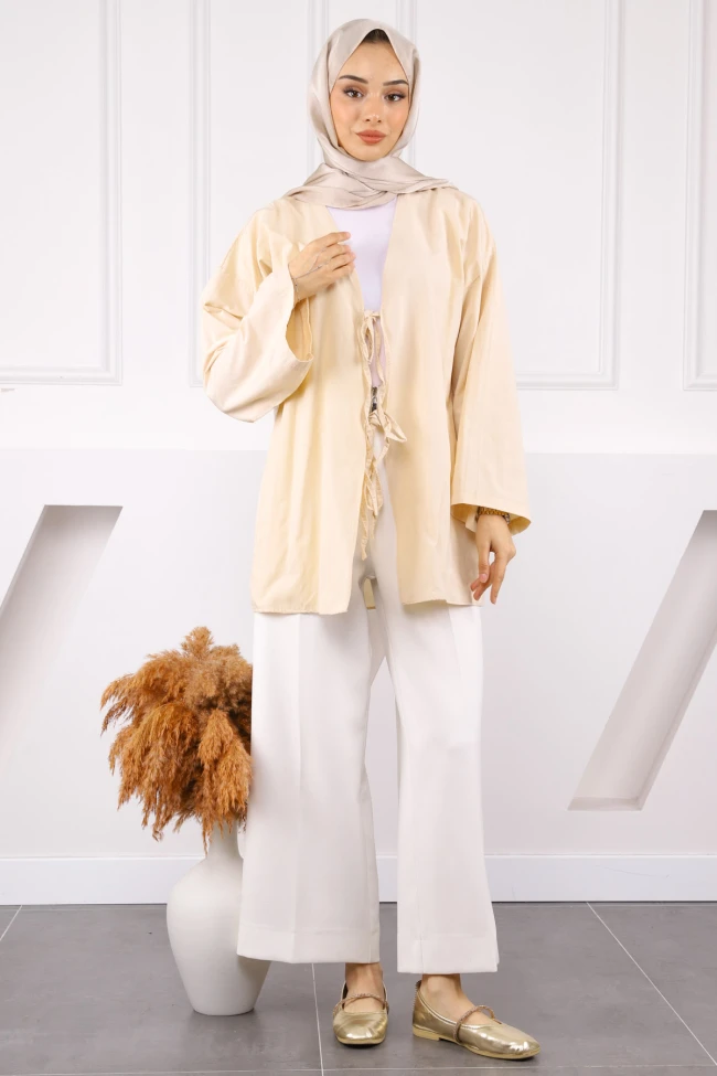 Bej Ön Bağlamalı Kimono