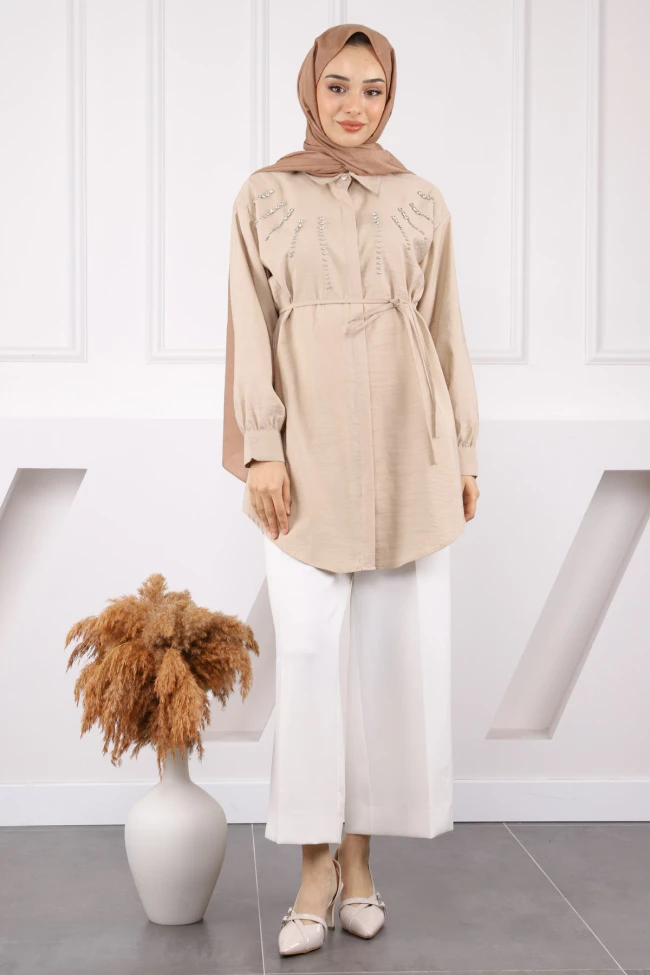 Bej Önü Taşlı Modal Tunik