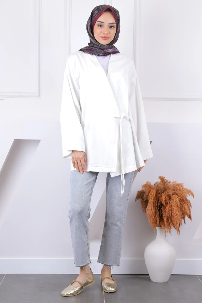 Beyaz Çapraz Bağlamalı Kimono