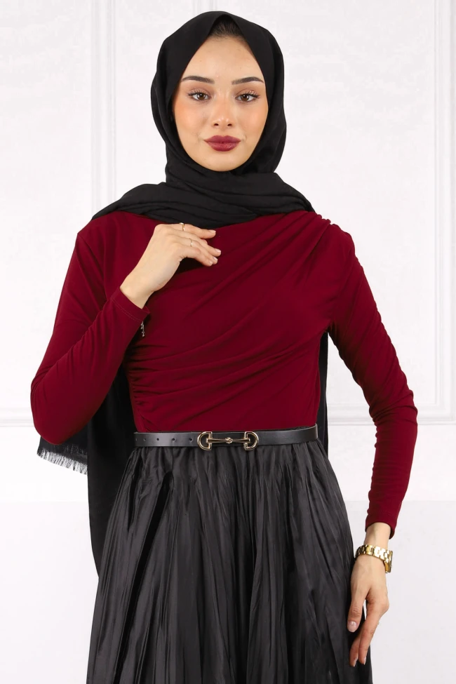 Bordo Balıkçı Yaka Drapeli Sandy Bluz