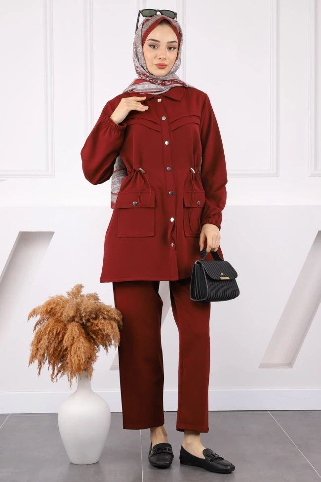 Bordo Bel Lastikli Tunik Pantolonlu Takım