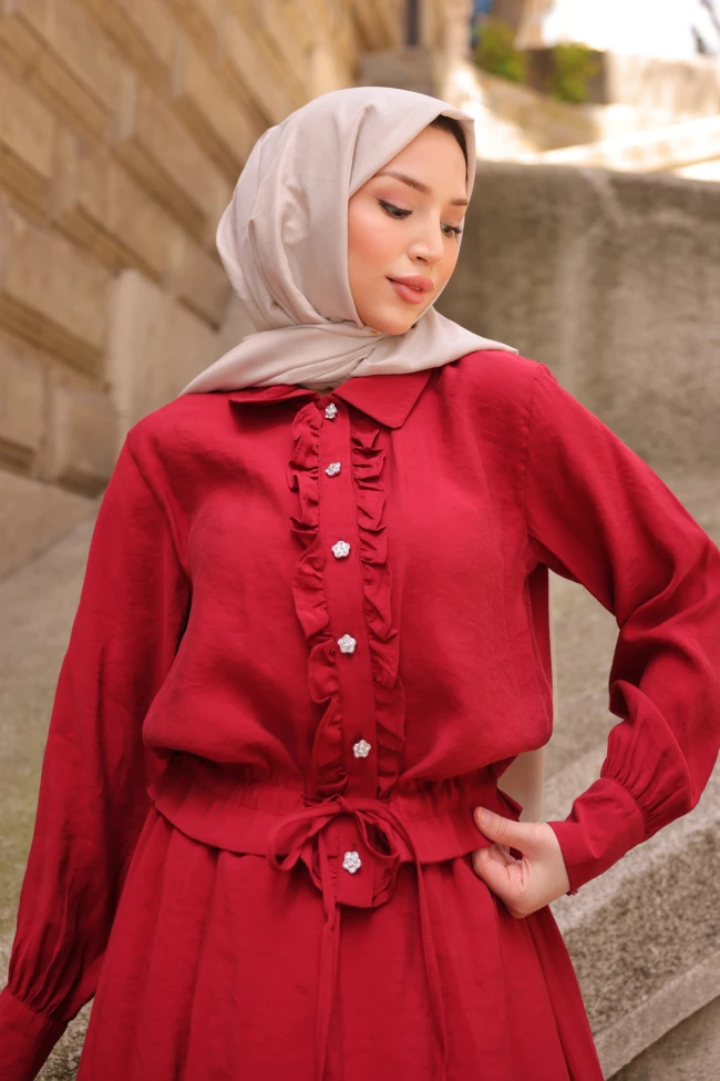 Bordo Önü Fırfırlı Modal Gömlek Etekli Takım