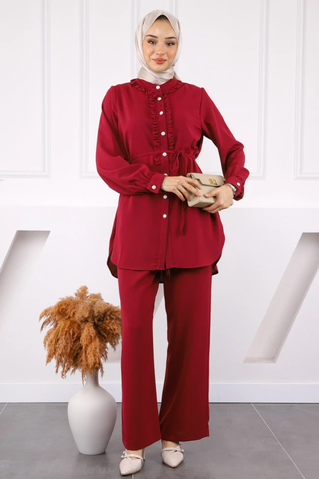 Bordo Önü Fırfırlı Tunik Pantolonlu Linda Takım