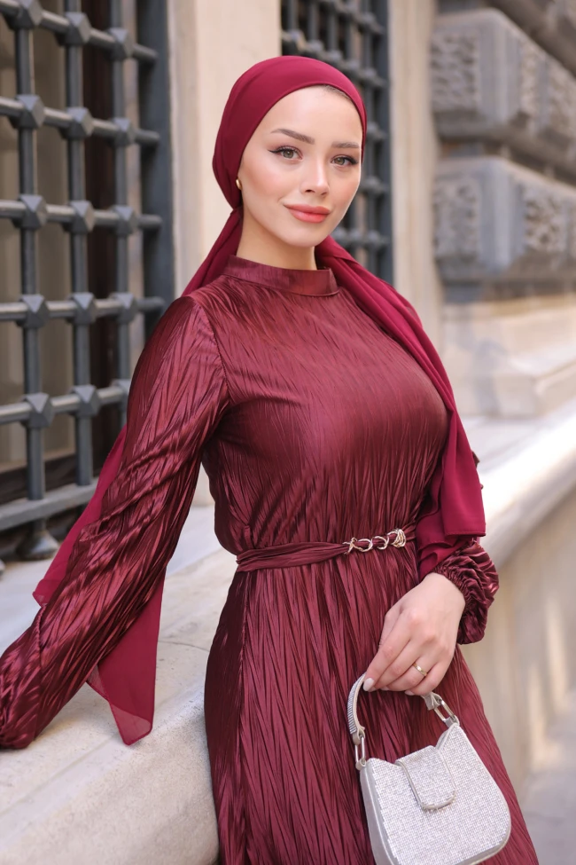 Bordo Piliseli Kraş Abiye