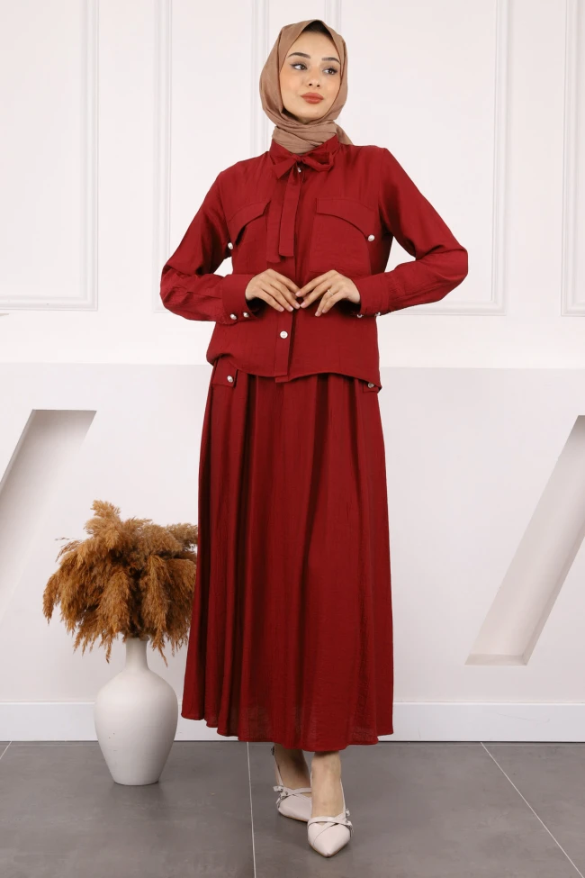 Bordo Taş Detaylı Tunik Pantolonlu Oys Takım