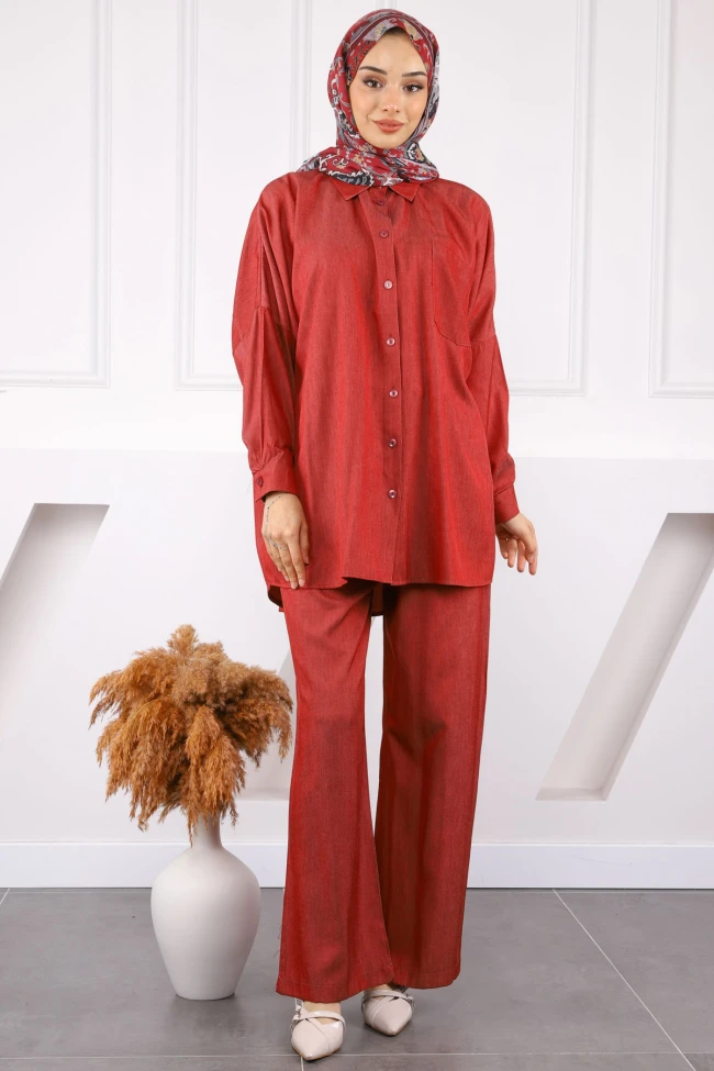 Bordo Tek Cepli Oversıze Tensel Tunik Pantolonlu Takım