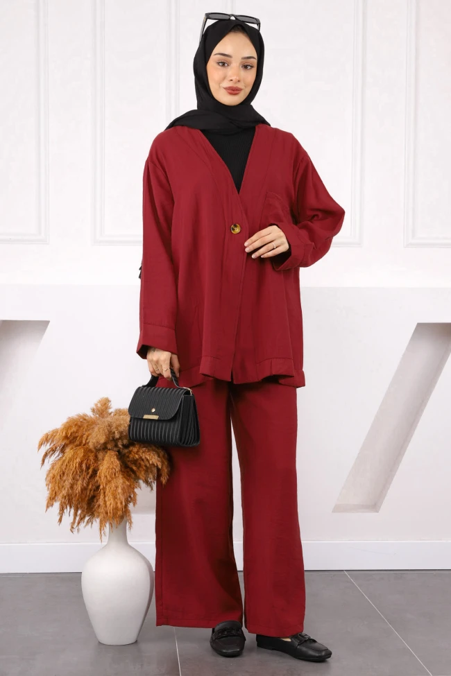 Bordo Tek Düğmeli Ceket Pantolonlu Takım