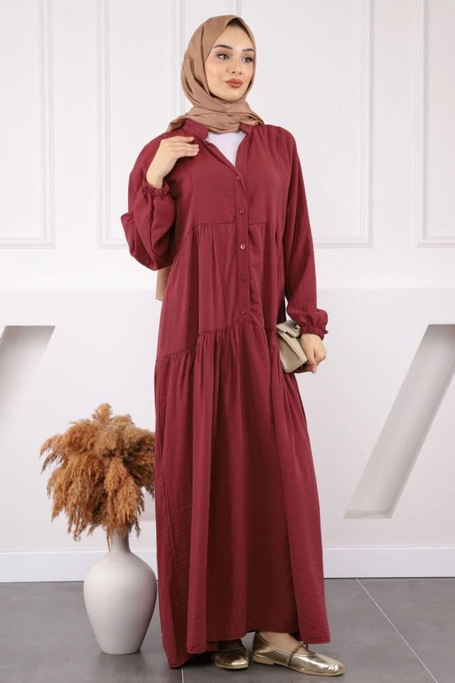 Bordo Yarım Düğmeli Eteği Katlı Modal Elbise