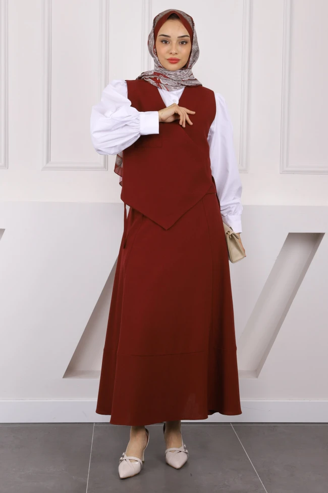 Bordo Yelek Etekli Takım