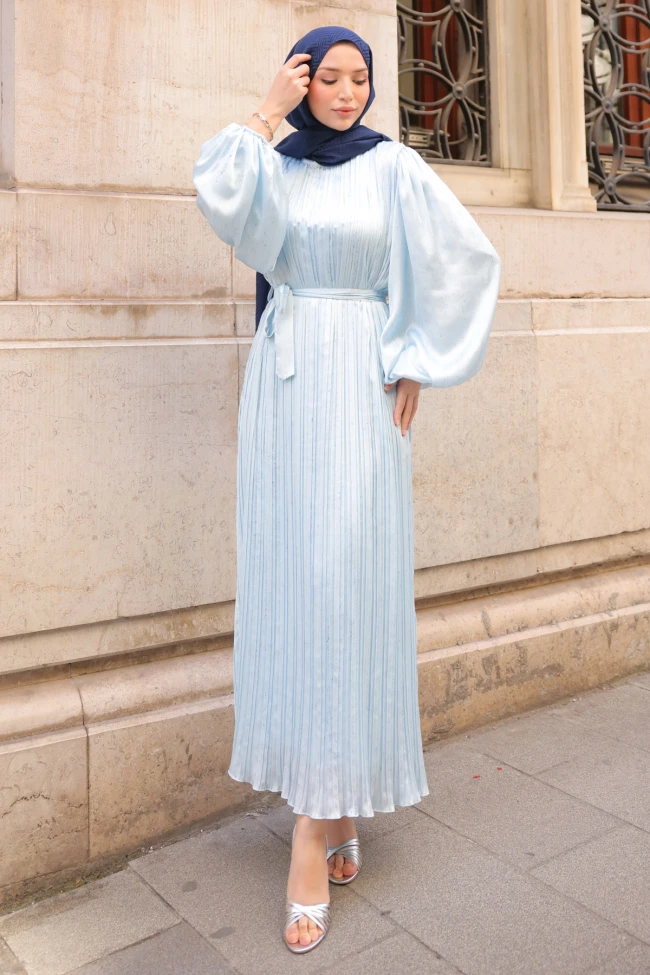 Buz  Mavi Bel Kuşaklı Balon Kol Piliseli Abiye